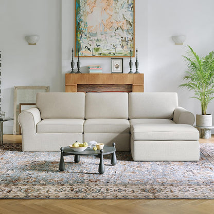 108" Modular Sectional Sofa, Modular Sectional Couches for Living Room Bedroom, Chenille Removable Cover Cloud Couch with Smarts Coil® Support L-Shaped Couch(Beige, 3 Seater + 1 Ottoman)1