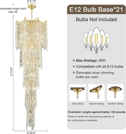 79" Large High Ceiling Chandelier, 21-Light Gold Long Staircase Chandeliers Luxury Foyer Chandelier Top K9 Crystal Tiered Ceiling Light Fixture for Staircase Entryway Hallway Living Room3
