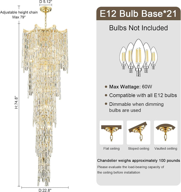 79" Large High Ceiling Chandelier, 21-Light Gold Long Staircase Chandeliers Luxury Foyer Chandelier Top K9 Crystal Tiered Ceiling Light Fixture for Staircase Entryway Hallway Living Room3