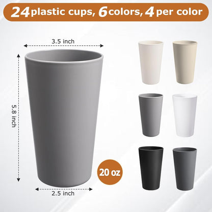 24 Pcs Unbreakable Plastic Cups Set, 20 Oz Reusable Plastic Cups, Stackable Drinking Cup for Kitchen, Outdoor, Bpa-Free, Dishwasher Refrigerator and Microwave Safe (20 Oz, 6 Colors)2