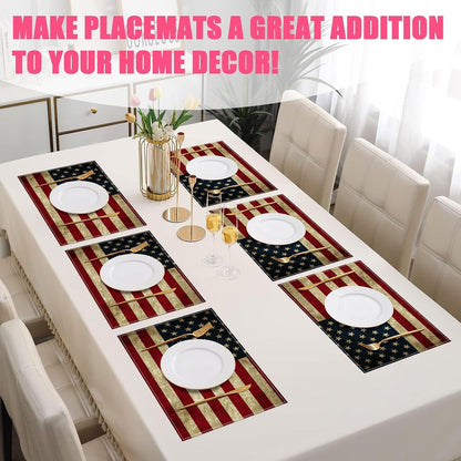 National Flag Placemats Set of 6,12X18 Inch 4Th of July Linen Place Mat Washable Stain Resistant Table Mats for Patriotic Theme Seasonal Farmhouse Kitchen Party Home Decor6