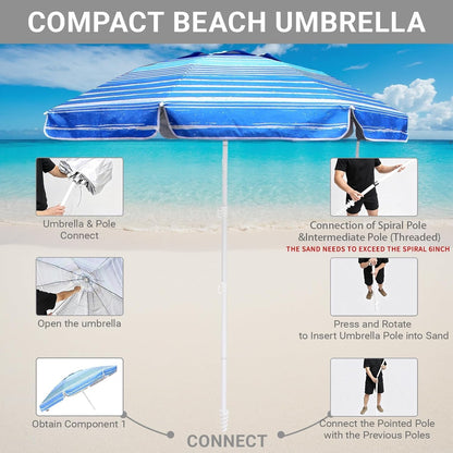6Ft Beach Umbrella - Heavy Duty Wind Resistant UV 50+ Portable Sun Shade with Sand Anchor & Carry Bag, Outdoor Folding Umbrella for Beach, Pool, Patio, Garden (Blue Stripe) No Tilt the Sand Needs to Exceed the Spiral 6Inch2