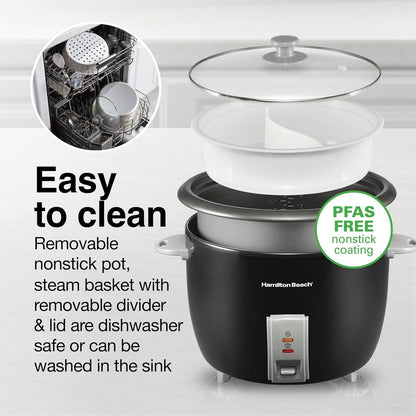 Rice Cooker & Food Steamer, 30 Cups Cooked, 15 Cups Uncooked | Includes Steam and Rinsing Basket , Measuring Cup & Spatula | Easy 1 Touch Controls | Black | 375536