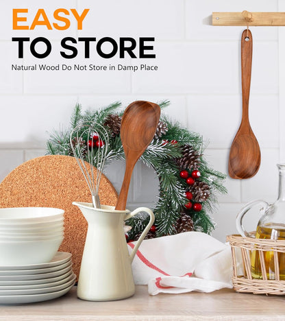 Wooden Spoons for Cooking, Natural Premium Teak Wood Corner Spoon, Good Grip Large Wooden Spoons and Wooden Spatula, Heat Resistant Wooden Cooking Utensils for Nonstick Cookware Cooking Gifts6