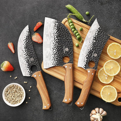 3PCS Butcher Knife Set, Includes 7" Butcher Meat Cleaver, 7" Serbian Chef and 6.5" Viking Knife, Stainless Steel Kitchen Knife Set with Wood Handle, Geat for Indoor&Outdoor (Stylish Pattern)7