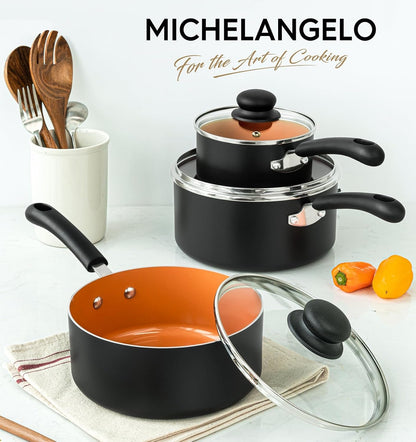 Nonstick Sauce Pan with Lid 1QT, 2QT & 3QT, Ceramic Saucepan Set, Copper Sauce Pans, Non-Toxic Saucepan, Multipurpose Cooking Pots Set for Home Kitchen, Compatible Induction7