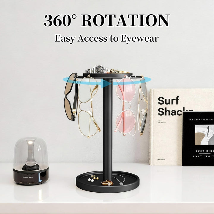 360° Rotating Sunglasses Organizer, Glasses Holder with Organizer Tray | Stainless Steel Eyeglasses Holder with Storage Base for Dresser, Desk Table, Nightstand & Home Decor, Black+2