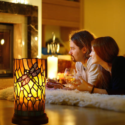 Tiffany Style Table Lamp for Bedroom Baroque Stained Glass Nightstand Bedside Night Lamp Party Light Hand-Made Art Home Deco Christmas Gifts W/ 2 LED Bulbs (3 Color Temperatures+Flame Bulb)6