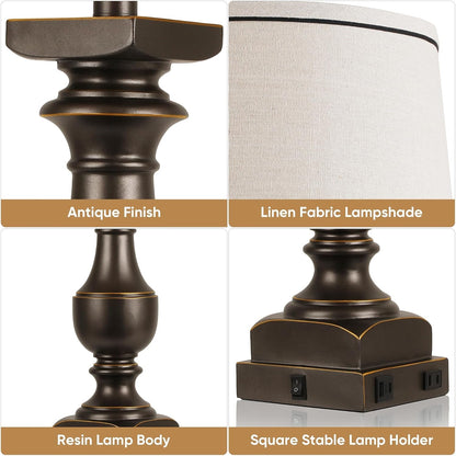 28'' Black Gold Resin Table Lamp Set of 2,Nightstand Lamp with USB Port | Rocker Switch, 2 Bulbs Included, 6W, 2700K Warm Light, Farmhouse Bedside Lamp for Nightstand, Desk, Livingroom, Bedroom Decor6