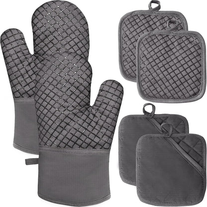 4 Pcs Oven Mitts and Pot Holders,High Heat 500°F Resistant Glove Potholder with Thick Cotton,Silicone Non-Slip Surface Long Kitchen Oven Glove for Cooking Baking Grilling(Grey)1