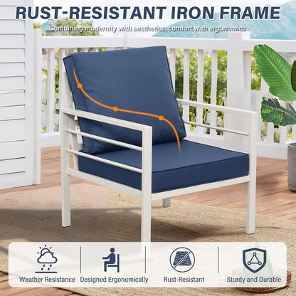 Patio Furniture Set Aluminum 4 Pieces White Metal Outdoor Furniture Set Glass Coffee Table with No-Slip Cushions and Waterproof Covers, Navy Blue6