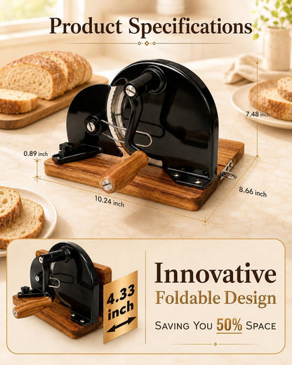 Foldable Manual Bread Slicer, Adjustable Slice, Hand-Cranked Bread Slicer with Ergonomic Handle, Hand Crank Cutter, Durable Aluminum Alloy Body and Sturdy Solid Wood Base-Black3