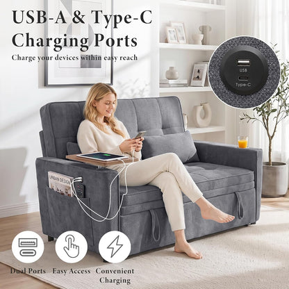 54'' Convertible Sleeper Sofa Bed with Swivel Side Table, Chenille Pull Out Couch for Living Room, Loveseat Sleeper Couch with Side Pocket | Charging Port | Cup Holder, Dark Grey6