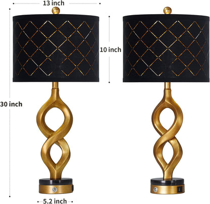 30" Black and Gold Table Lamps Set of 2 for Bedroom, Modern Touch Control Bedside Lamps for Living Room, 3-Way Dimmable Sculptural Resin Nightstand Lamps with USB A+C Ports and 2 LED Bulbs7