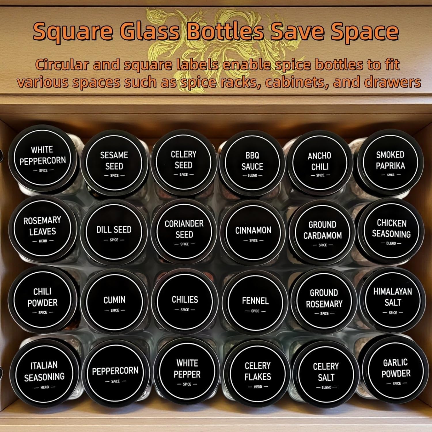 spice-jars-with-labels-24-glass-spice-with-shaker-lids-airtight-plastic-caps-4oz-complete-seasoning-containers-organizer-set-for-cabinet-drawer-rack-black