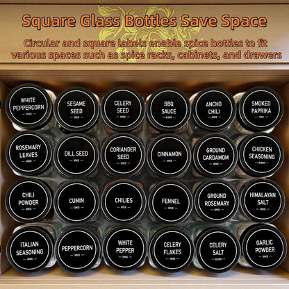 Spice Jars with Labels - 24 Glass Spice with Shaker Lids & Airtight Plastic Caps - 4Oz Complete Seasoning Containers Organizer Set for Cabinet, Drawer & Rack (Black)3