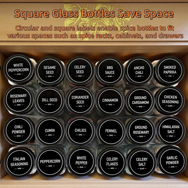 Spice Jars with Labels - 24 Glass Spice with Shaker Lids & Airtight Plastic Caps - 4Oz Complete Seasoning Containers Organizer Set for Cabinet, Drawer & Rack (Black)3