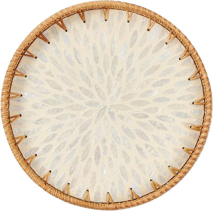 round Rattan Tray with Mother of Pearl Inlay, Rattan Serving Tray with Wooden Base, Decorative Wicker Basket for Table Decor, Storage and Display of Coffee Bread Food Fruit (Leaf 2)1