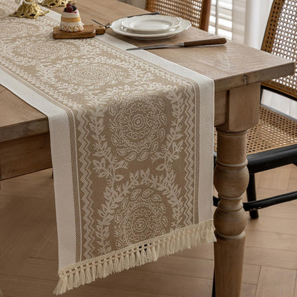 Coffee Mandala Linen Table Runner with Tassels, 14X83 Inch1