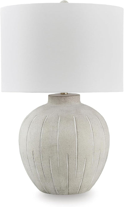 Signature Design by Ashley Living Room Table Lamp, 3-Way, Vintage Gray | Textured Warm Gray Polyresin Base with 3-Way Lighting and Cotton Blend Drum Shade, Vintage Farmhouse Style, Calbert Series1