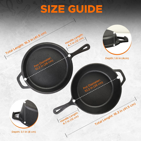 Combo Cooker Cast Iron Dutch Oven with Lid 2 In1, PFAS Free Pre-Seasoned Multi Cookware Skillet, 3.2QT Cast Iron Pan Dutch Oven Deep Pot with Frying Pan 10.25 Inch, Grill Induction Stovetop Camping2