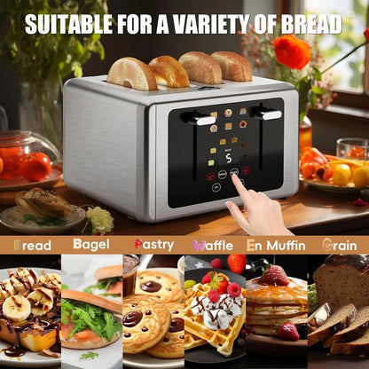 Smart Digital 4-Slice Touchscreen Toaster, Wide Slots & Dual Control | Digital Timer, 6 Bread Types & 6 Shade Settings, Defrost/Reheat/Standby, Sound Control, Stainless Steel4