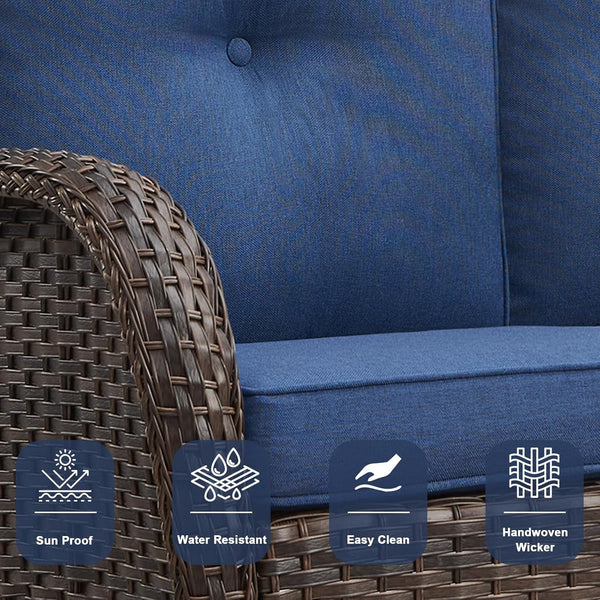 6 Piece Patio Conversation Sets - Wicker Patio Furniture Sets with Outdoor Swivel Rocker Chairs Outdoor Couch Perfect for Patio Deck Backyard, Brown Wicker Blue Cushion8