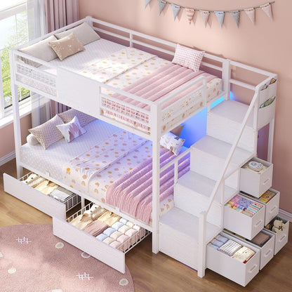 Bunk Bed Twin over Twin with Stairs, Storage Drawers and LED Lights1