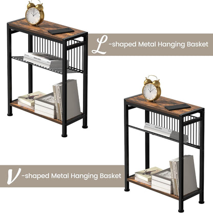 Small Side Table for Small Space, 3-Tier Narrow End Table with Magazine Holder,Slim Nightstand, Skinny Snack Couch Table in Living Room, Bedroom Study and Balcony (Rustic Brown &Black)7