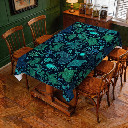 Octopus Rectangle Table Cloth, Nautical Fanciful Shell Coral Summer Teal Stain Resistant Washable Table Linens Party Supplies for Kitchen Banquet Picnic Camping 60X86 Inch4
