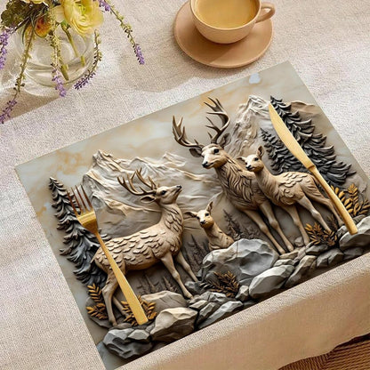 Deer Linen Placemats for Dining Table 12X18, Rustic Washable Fabric Table Mats with Rounded Corners, Decorative Large Desk Pad for Kitchen (Set of 6)1