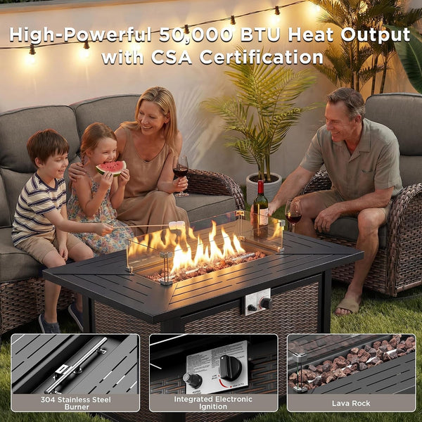 Luxury Patio Furniture Set with 42.5" Fire Pit Table, 6-Inch Thick Cushions Wicker Outdoor Furniture with Wicker Swivel Patio Chairs Set of 2, Patio Conversation Set for Deck Garden Porch, Gray2