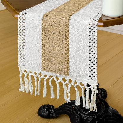 Boho Table Runner for Fall Home Decor with Tassels 72 Inches, Farmhouse Rustic Cream & Brown Table Runners for Bohemian Kitchen Summer Dining Table(12X72In, Fringe Included)6