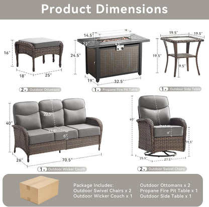 Luxury Patio Furniture Set with 42.5" Fire Pit Table, 6-Inch Thick Cushions Wicker Outdoor Furniture with Wicker Swivel Patio Chairs Set of 2, Patio Conversation Set for Deck Garden Porch, Gray8