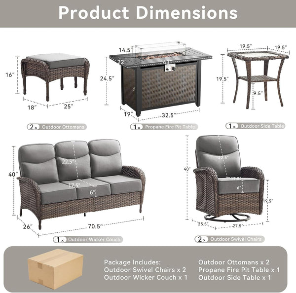 Luxury Patio Furniture Set with 42.5" Fire Pit Table, 6-Inch Thick Cushions Wicker Outdoor Furniture with Wicker Swivel Patio Chairs Set of 2, Patio Conversation Set for Deck Garden Porch, Gray8