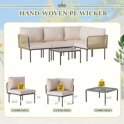 Patio Furniture Set, 5 Piece Outdoor Patio L-Shaped Conversation Set with Cushions and Table, All-Weather Rattan Woven Sectional Sofa for Backyard, Porch, Boho Detachable Lounger (Beige)8
