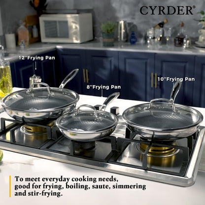 Frying Pans Set Hybrid Non Stick | Stainless Steel Kitchen Cookware | 5-Ply 18/10 Stainless Steel L PFOA Free | Induction-Ready | Easy Clean&Nonstick | 8 10 12-In Frying Pans with Lid 6 Pcs4