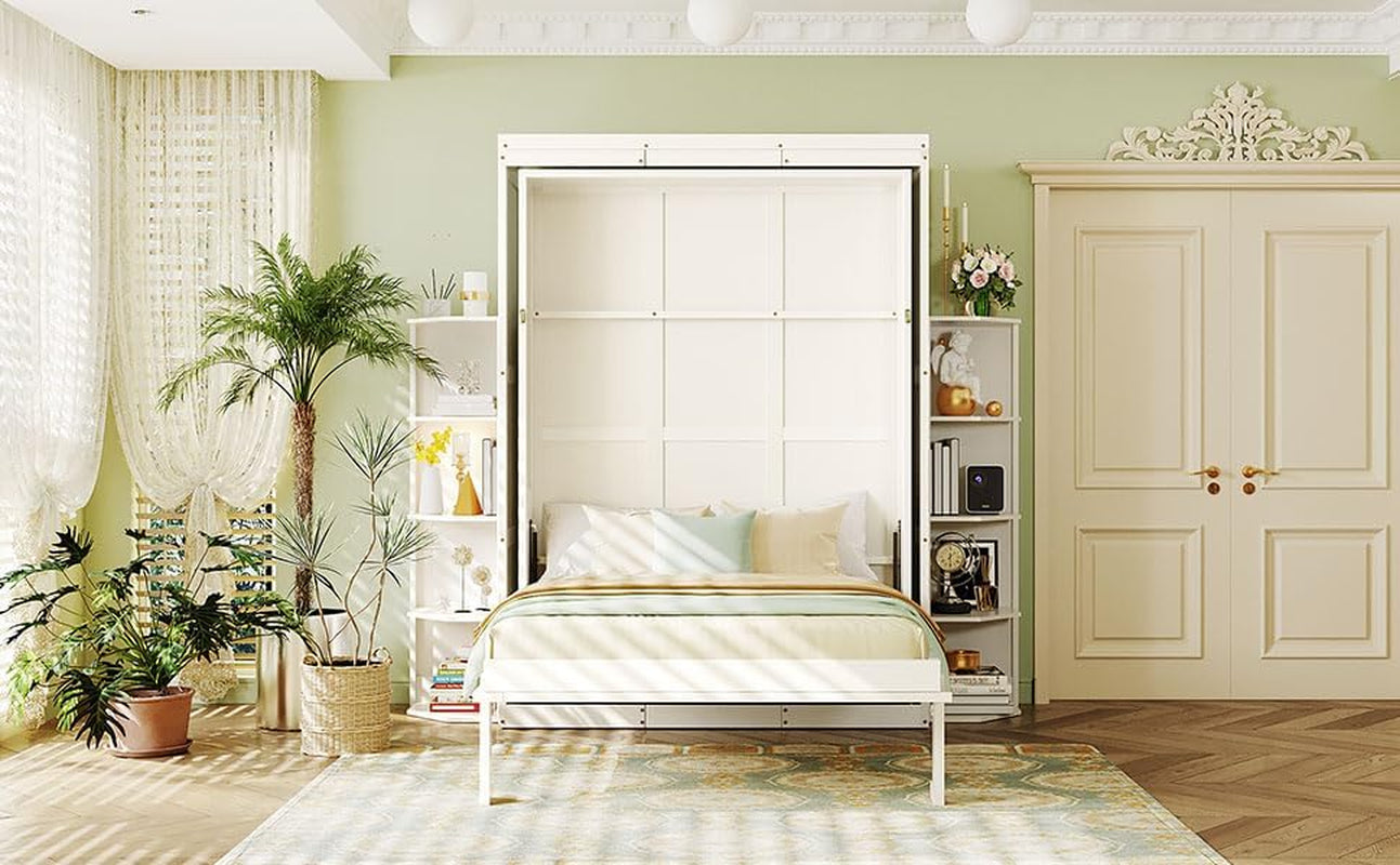 rotating-queen-murphy-bed-with-hidden-wall-cabinet-dual-3-tier-side-shelves-convertible-desk-white