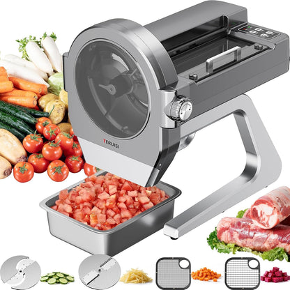 Commercial Vegetable Chopper, 300W Auto Feed Stainless Steel Vegetable and Meat Slicer, 4-In-1 Food Cutter Machine with 1-10Mm Slicing, 3Mm Shredding & 2 Dicing Sizes, 440LBS/H Output, 110V1