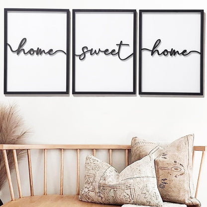 3D Wood Home Sweet Home Wall Art, Modern Home Sweet Home Sign for Large Living Room Wall Decor(Ready to Hang, Set of 3, 12X16 Inch, Framed)3