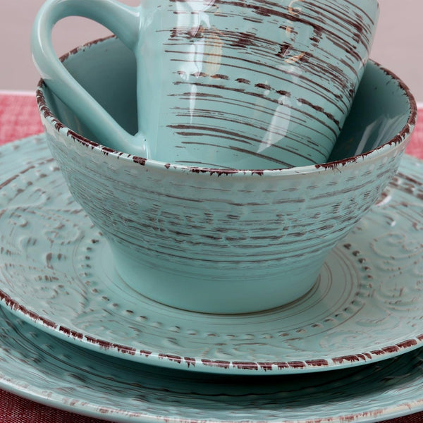 Embossed Stoneware Ocean Dinnerware Dish Set, 16 Piece, Turquoise4