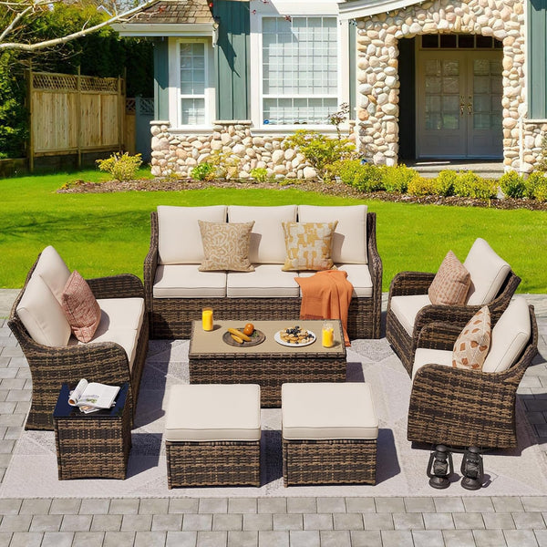 Patio Furniture Set with Swivel Rocking Chairs, 8 Pieces Patio Conversation Set, Outdoor Wicker Sofa Couch with Waterproof Cushions for Lawn Backyard Porch (Brown)8