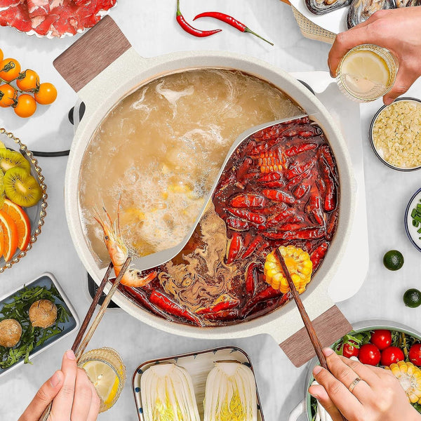 5-QT Hot Pot with Divider, Double-Flavor Shabu Shabu Pot, Divided Pot | Nonstick Granite Pot, 12"Divided Stockpot, Compatible with Induction Cooktop, Gas/Ceramic/Electric Stove, Soup Ladle Included5