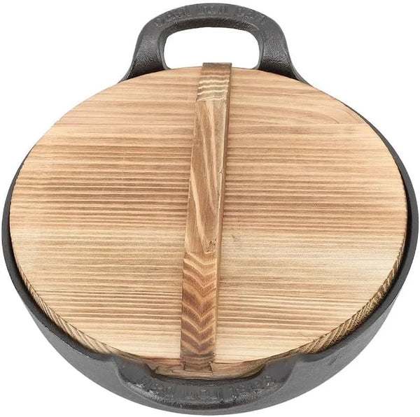 9.84 Inch Cast Iron Wok with Wooden Lid – Large-Capacity Heavy Duty Flat Base Stir Fry Pan with Dual Handles for Gas, Induction, Electric Ceramic Stoves, Even Heat(25Cm)8