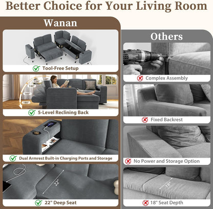 Sectional Sleeper Sofa with Pull Out Couch Bed, 5 Seats Modular L Shaped Cloud Couch with Storage Chaise, Dual Arm Storage & USB Charging, Adjustable Backrest Sofa, Grey Corduroy3