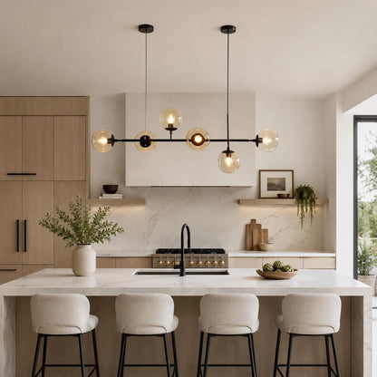 Lighting 6-Light Modern Globe Sputnik Chandelier Mid Century Black Pendant Light Chandelier Dining Room Linear Pendant Lighting Kitchen Island Adjustable Pendant Light Fixtures (Black+Amber)5