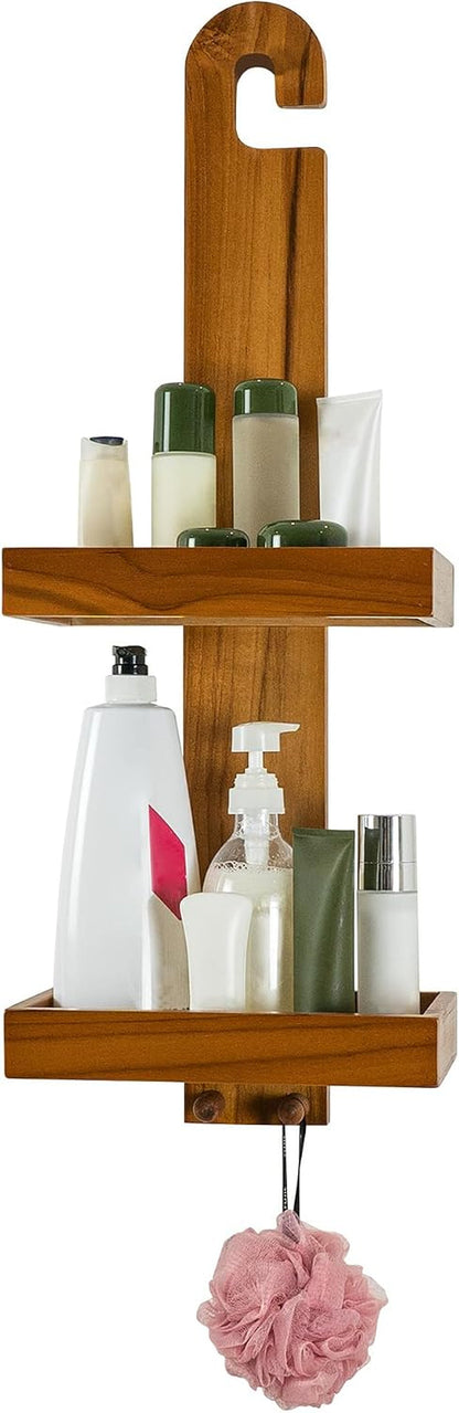 Teak Hanging Shower Caddy with Hooks, Shower Organizer over Head1