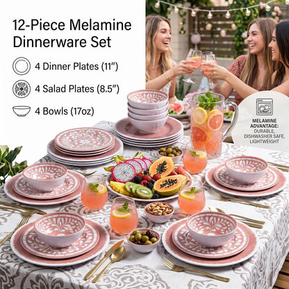 Melamine Dinnerware Sets,12 Pcs Plates and Bowls Set - Light Pink7