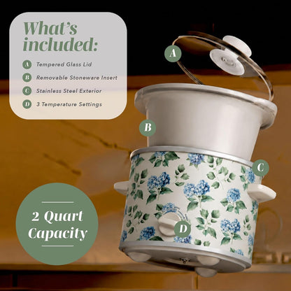 2QT Mini Electric round Slow Cooker - Adjustable Settings, Removable Stoneware Pot, Tempered Glass Lid, Dishwasher Safe, Cool-Touch Side Handles, Floral Blue/Green3