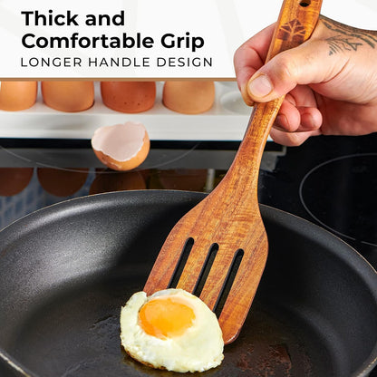 Wooden Spatula for Cooking, Teak Wood Set of 4 for Non Stick Frying Pan | Includes Paddle, Turner, Slotted Spurtle & Scraper – Long Ergonomic Handles, Scratch-Free Design4